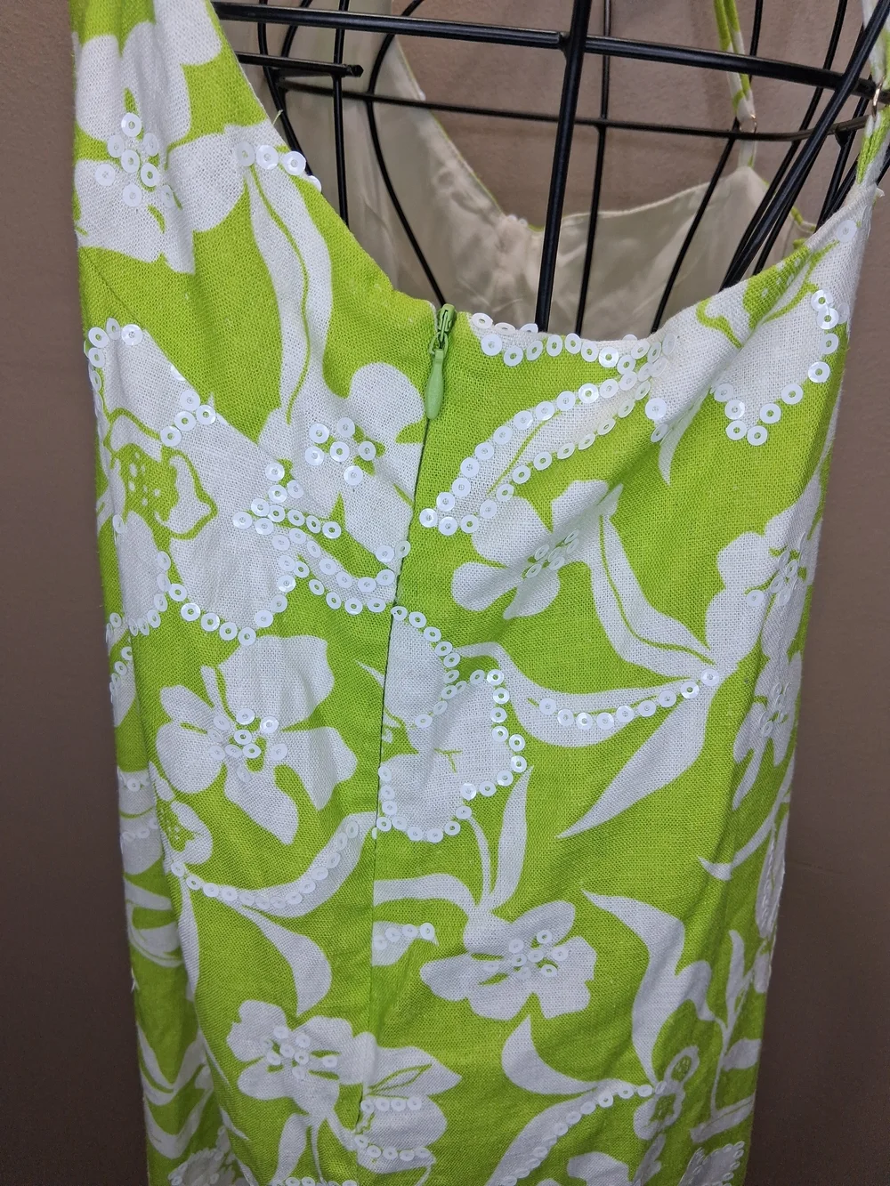 Flora Bea Floral Green Linen & Cotton Dress with Sequins NWT
